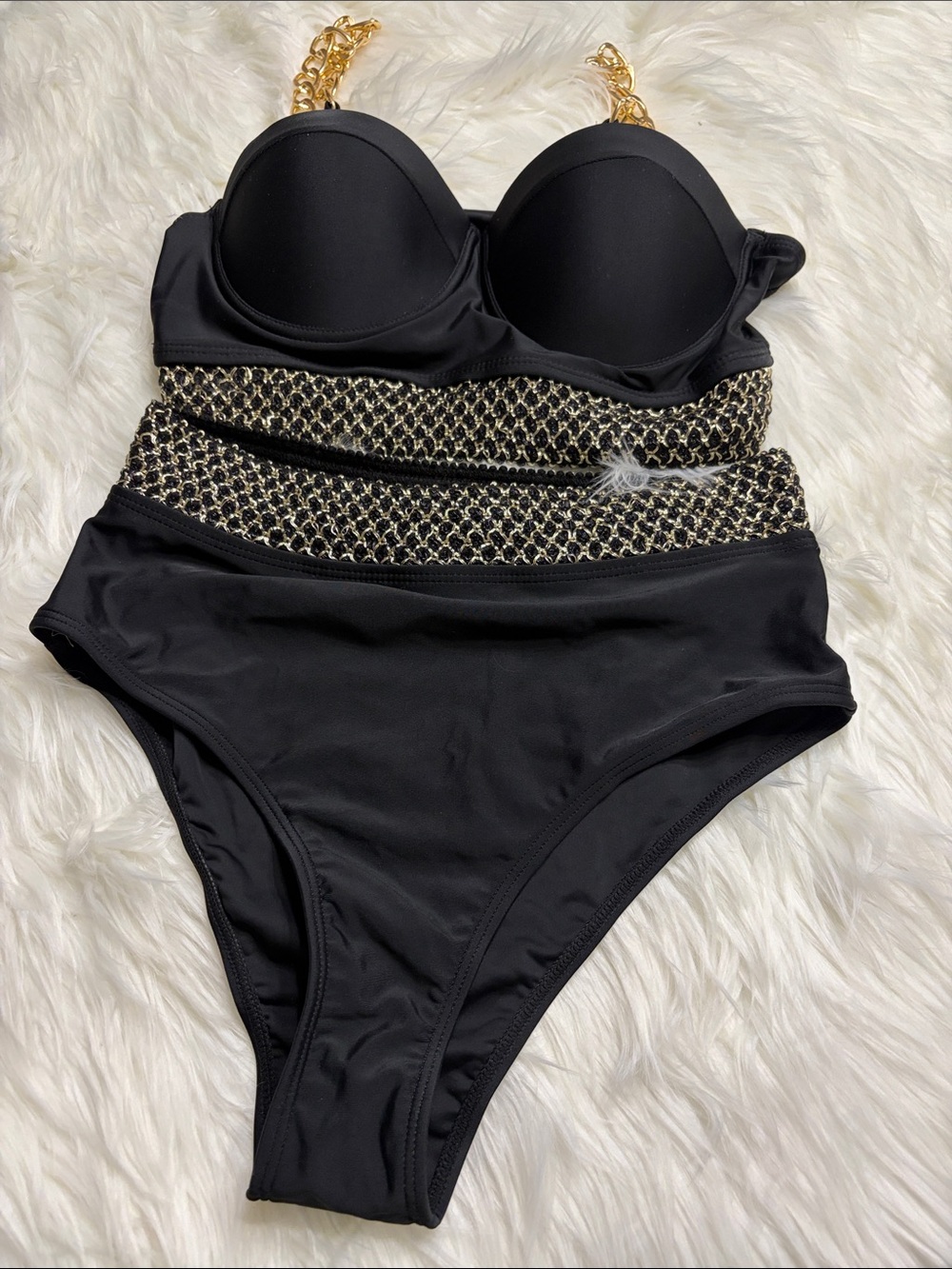Black High-Waist One-Piece Swimsuit with Gold Chain Detail -Small